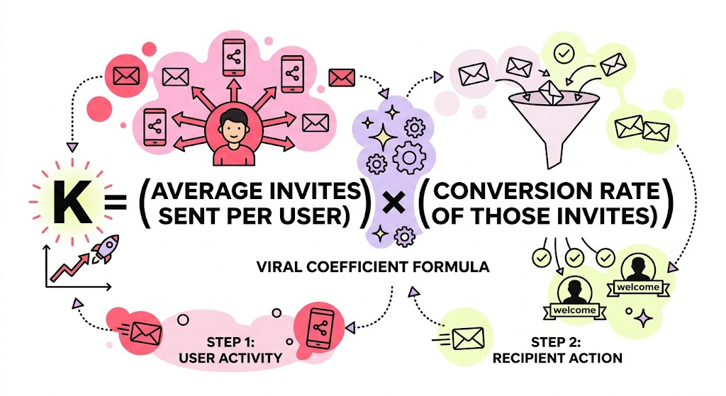 Infographic explaining the viral coefficient formula: K equals average invites sent per user multiplied by the conversion rate of those invites. Illustrated with a two-step cycle showing Step 1 (user activity: sharing via email and social) and Step 2 (recipient action: new users being welcomed and converted)