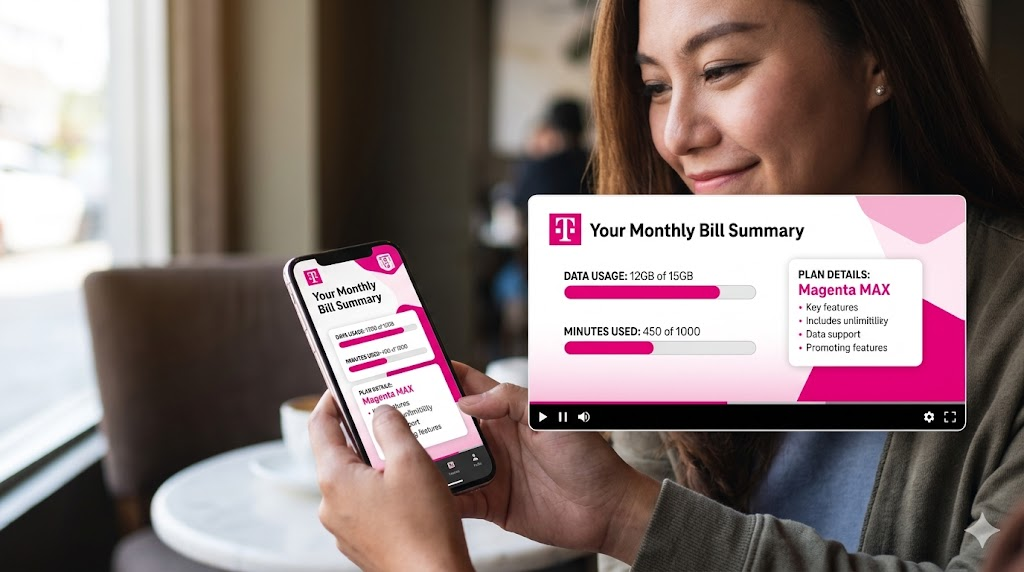 A woman smiling while viewing a personalized monthly bill summary video on her phone, showing her data usage, minutes used, and Magenta MAX plan details.