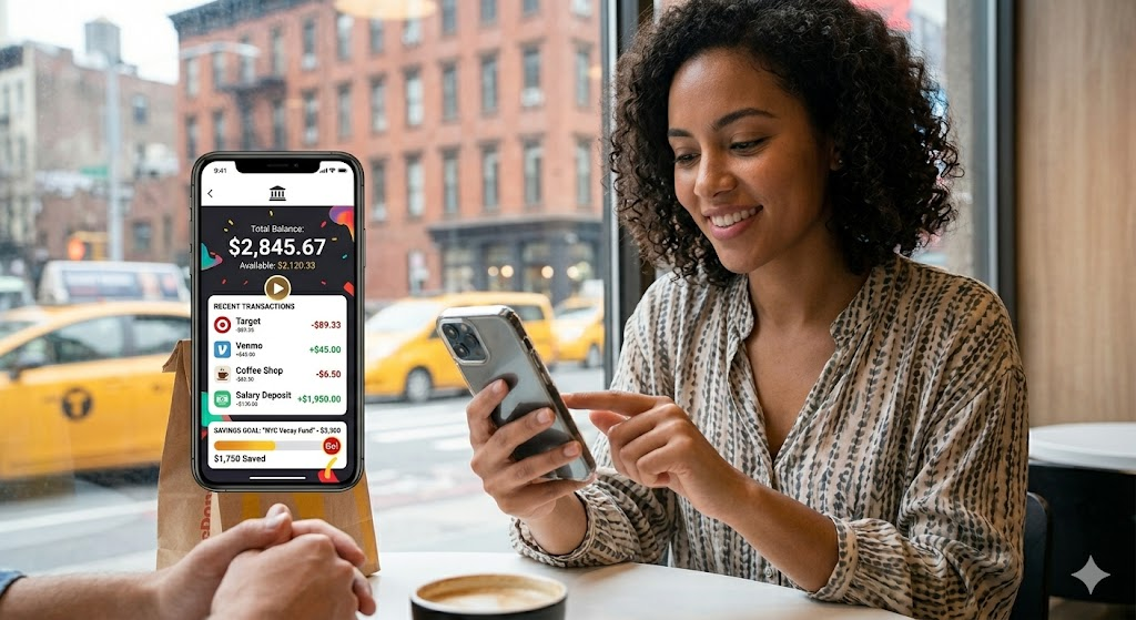 A woman smiling while viewing a personalized banking app on her phone, showing her total balance, recent transactions, and savings goal progress toward an NYC vacation fund