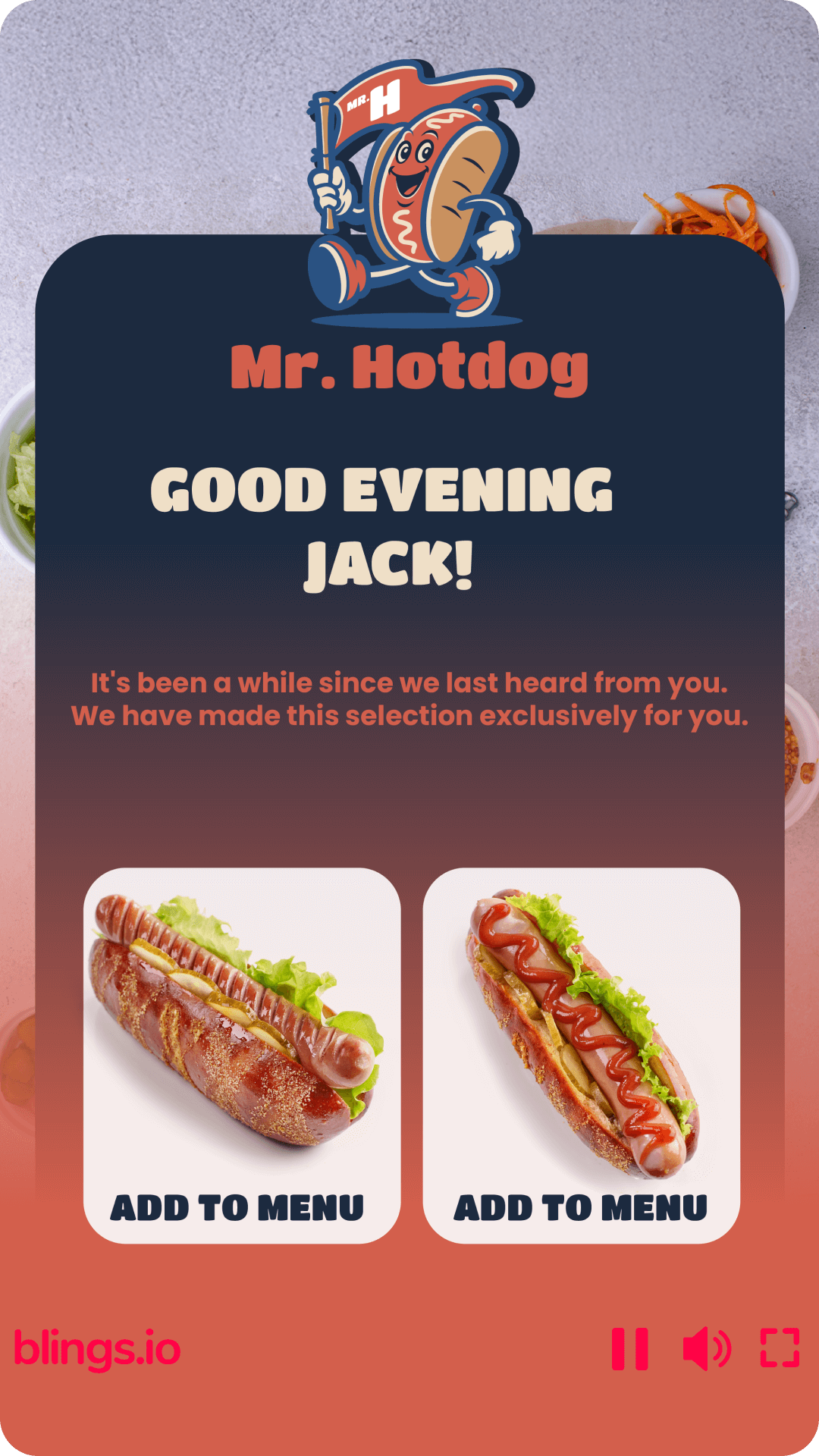 Mr Hotdog Good Evening Jack personalized video with two hotdog options and Add to Menu buttons on orange background