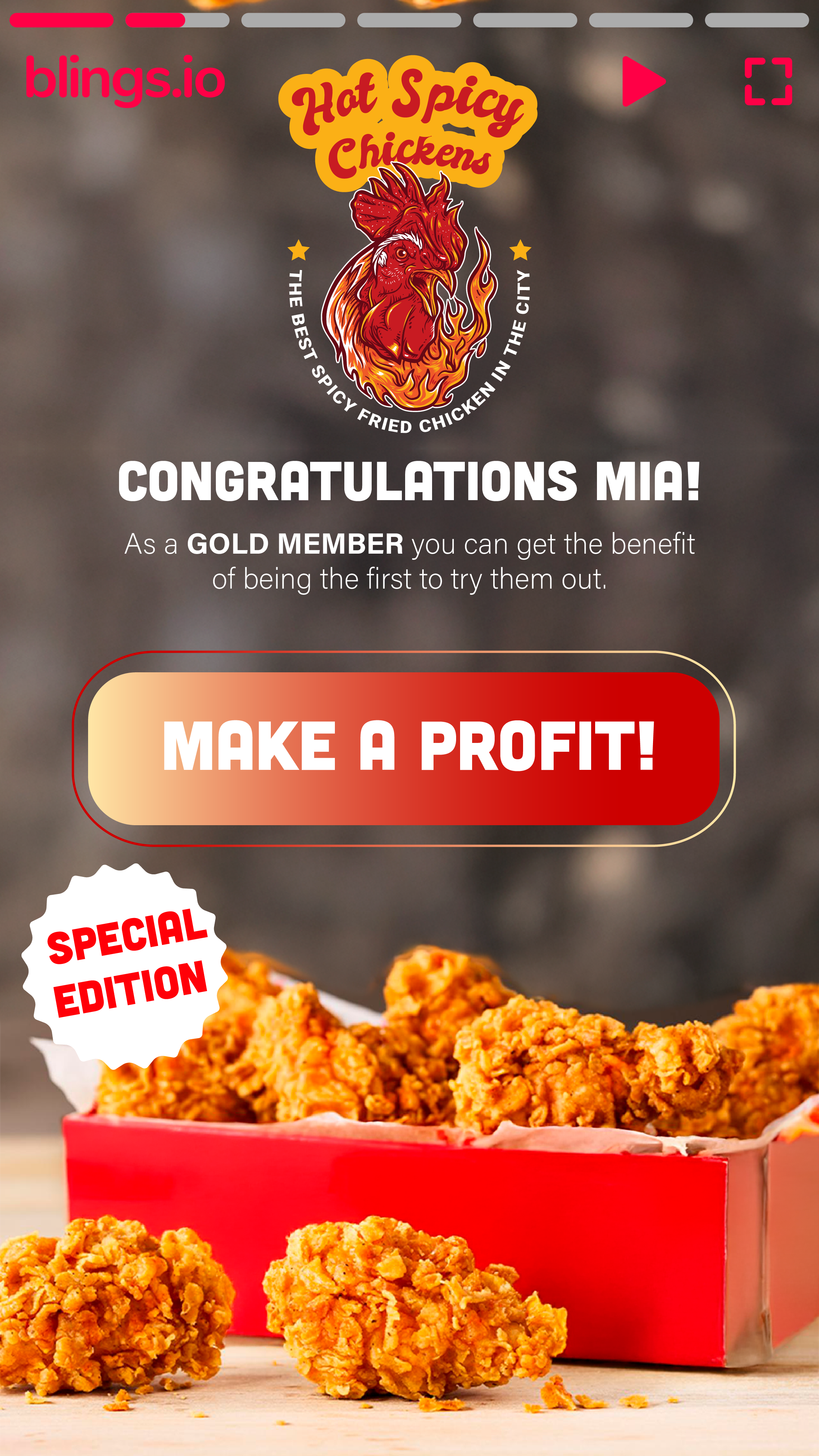 Hot Spicy Chicken fast food personalized video with congratulations for Mia and a Make a Profit special edition offer