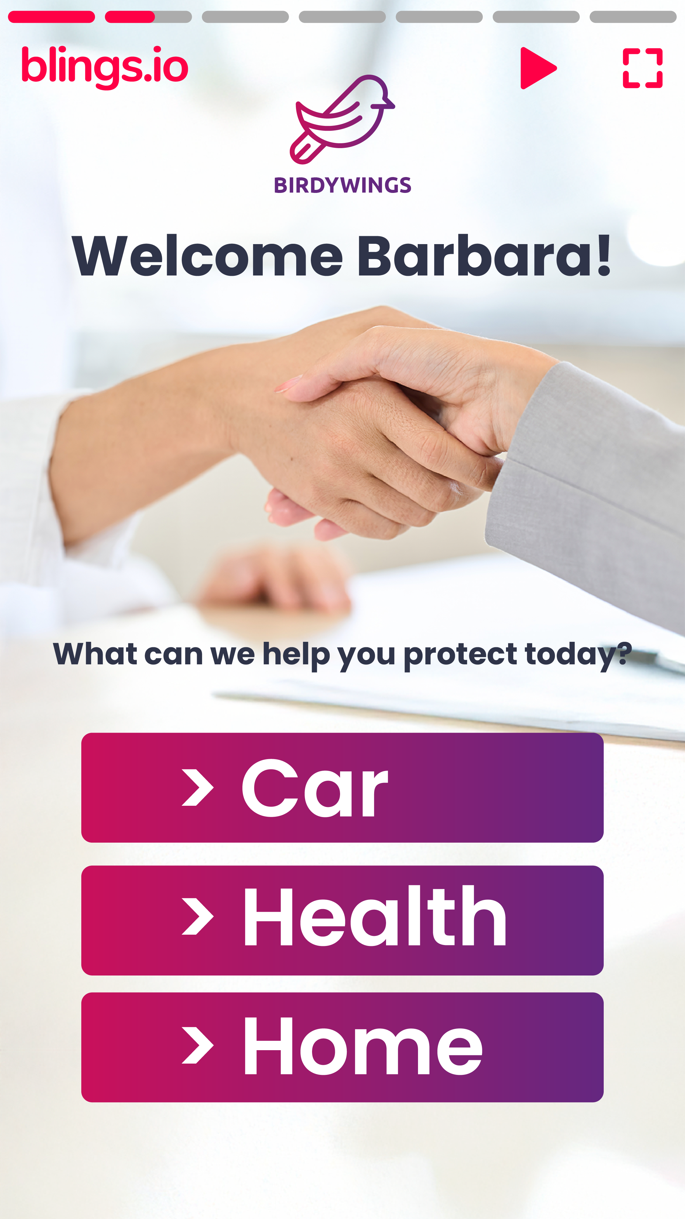 BirdyWings insurance welcome video for Barbara with Car, Health, and Home coverage options