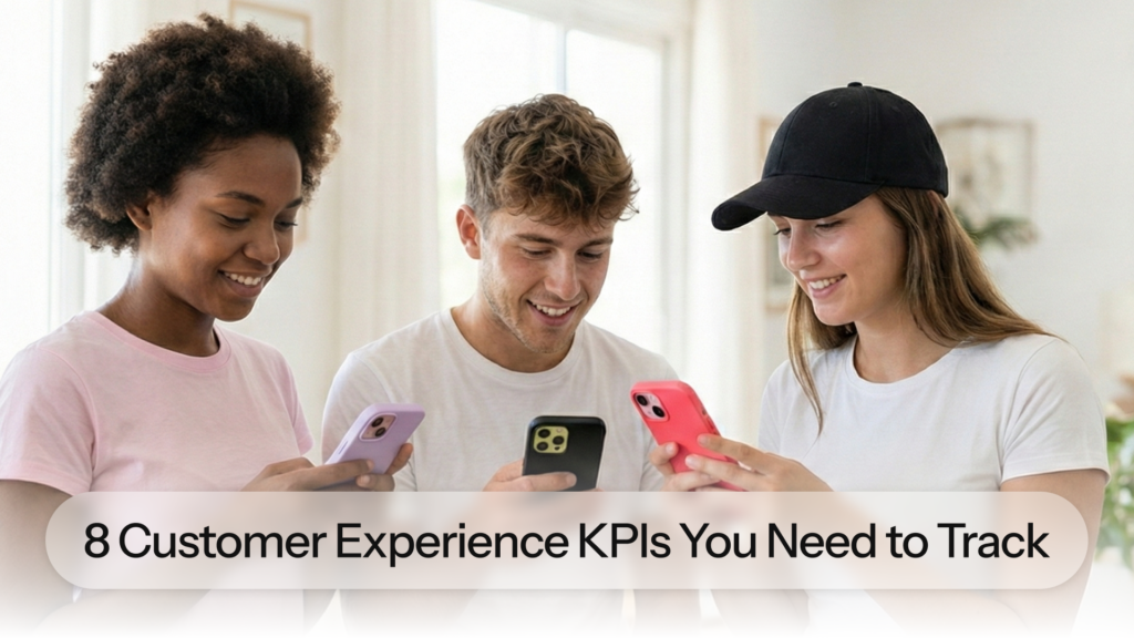 Three people smiling and looking at their smartphones together, illustrating engaged customers — 8 Customer Experience KPIs You Need to Track