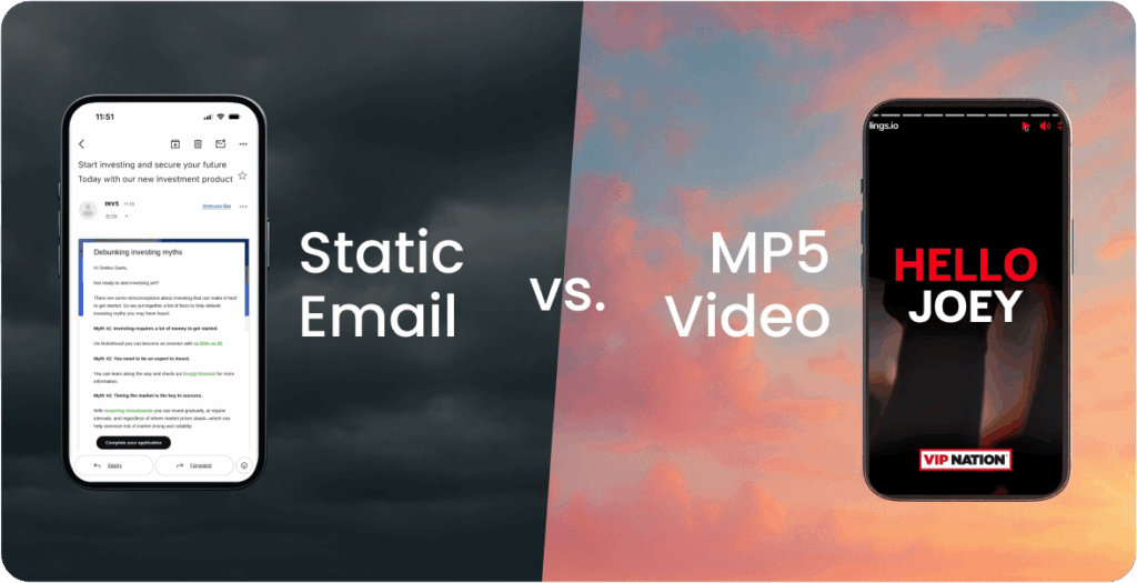 Comparison graphic between a static email and an MP5 video within an email client