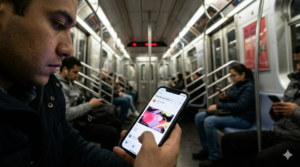 A man on a subway train reading a personalized video email on his phone, with other commuters visible in the background.