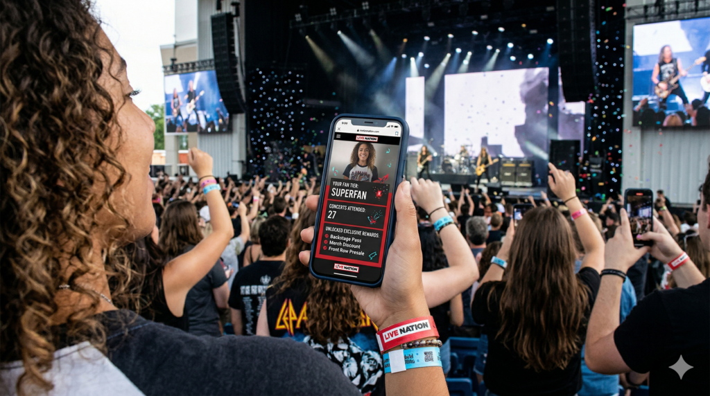 A concert fan holds up a smartphone displaying a personalized Live Nation loyalty profile at a live outdoor rock concert, showing her "Superfan" tier, 27 concerts attended, and unlocked rewards including a backstage pass, merch discount, and front row presale access.