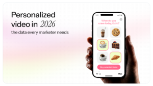 Hero graphic showing a hand holding a smartphone playing a Blings personalized video. The video asks 'What do you crave today, Claire?' and displays selectable food items including coffee, a croissant, cookies, and cake.