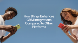 Two young people smiling while looking at their smartphones against a blue sky, with text overlay reading How Blings Enhances CRM Integrations Compared to Other Platforms