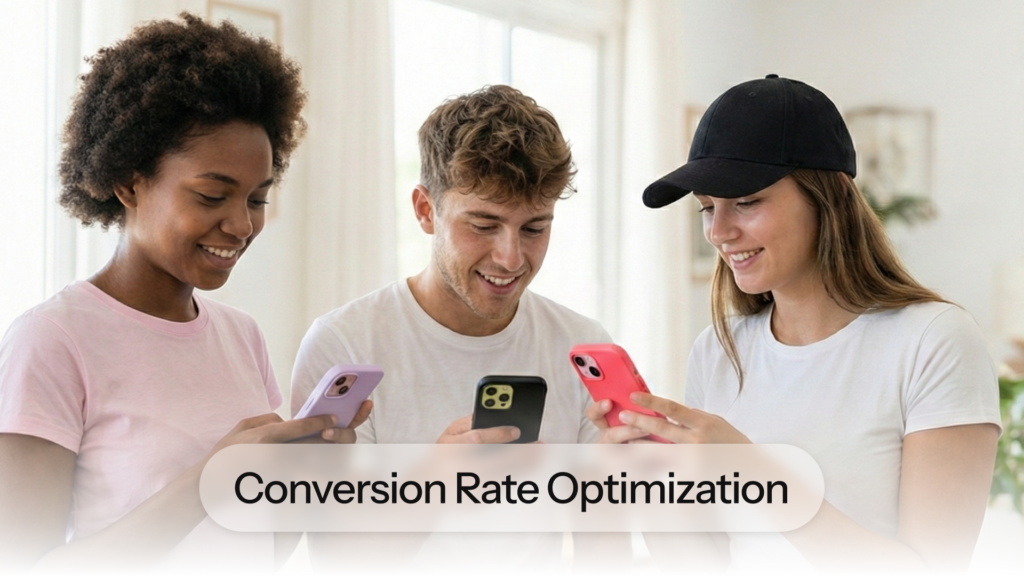Live Asset frame showing three young people looking at a phone together, labeled Conversion rate optimization.