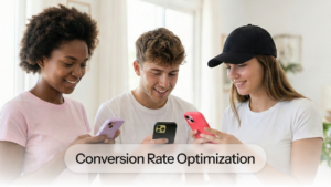 Live Asset frame showing three young people looking at a phone together, labeled Conversion rate optimization.