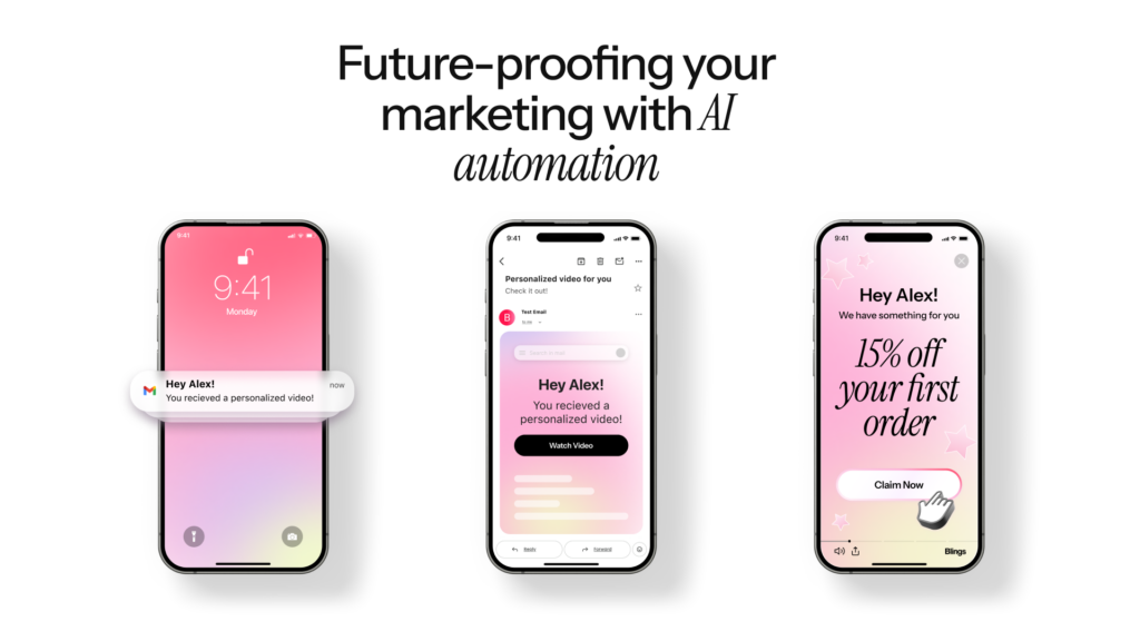 Three smartphone screens showing a Blings personalized video email journey: a push notification, an inbox preview, and a personalized video with a 15% discount offer for Alex.