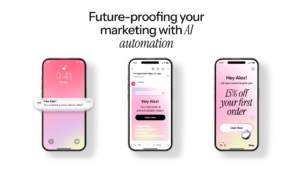 Three smartphone screens showing a Blings personalized video email journey: a push notification, an inbox preview, and a personalized video with a 15% discount offer for Alex.