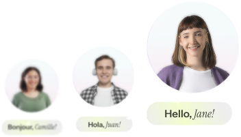 Row of personalized video avatars greeting viewers by name in several languages, showing unlimited scale.