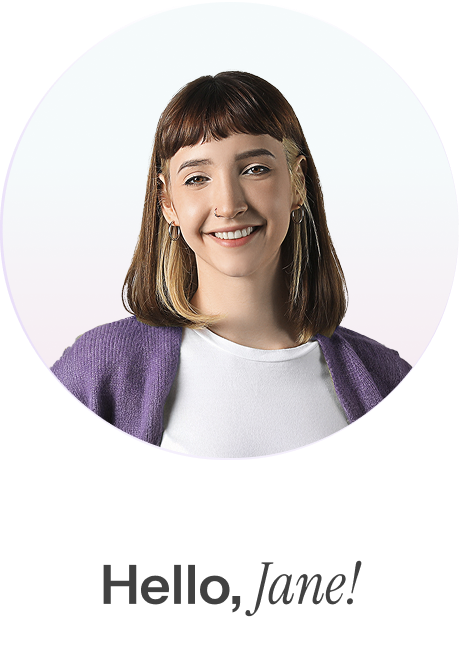 Live Asset frame showing a smiling woman with a dark bob and a purple cardigan, with the English greeting Hello, Jane personalizing the video to the viewer.