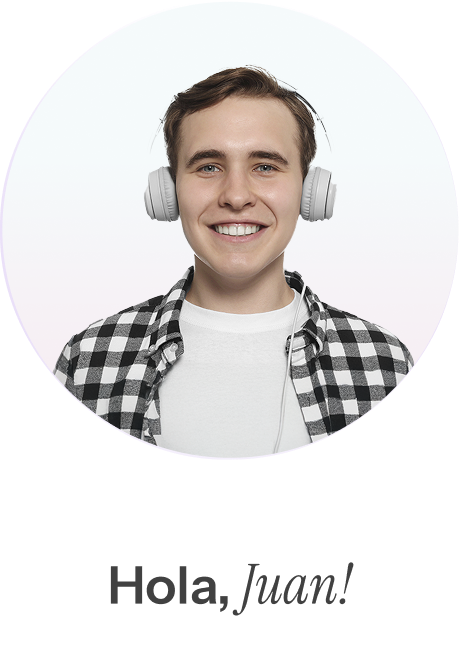 Live Asset frame showing a smiling man wearing white headphones and a plaid shirt, with the Spanish greeting Hola, Juan personalizing the video to the viewer.