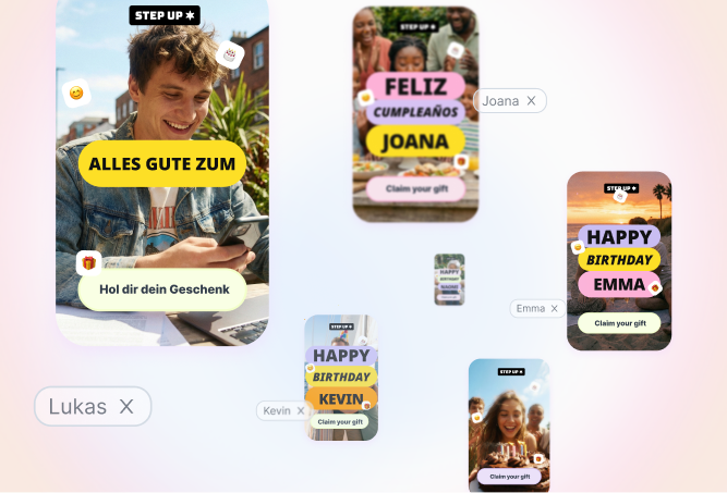 Several phones showing personalized birthday video frames addressed to different viewers by name.