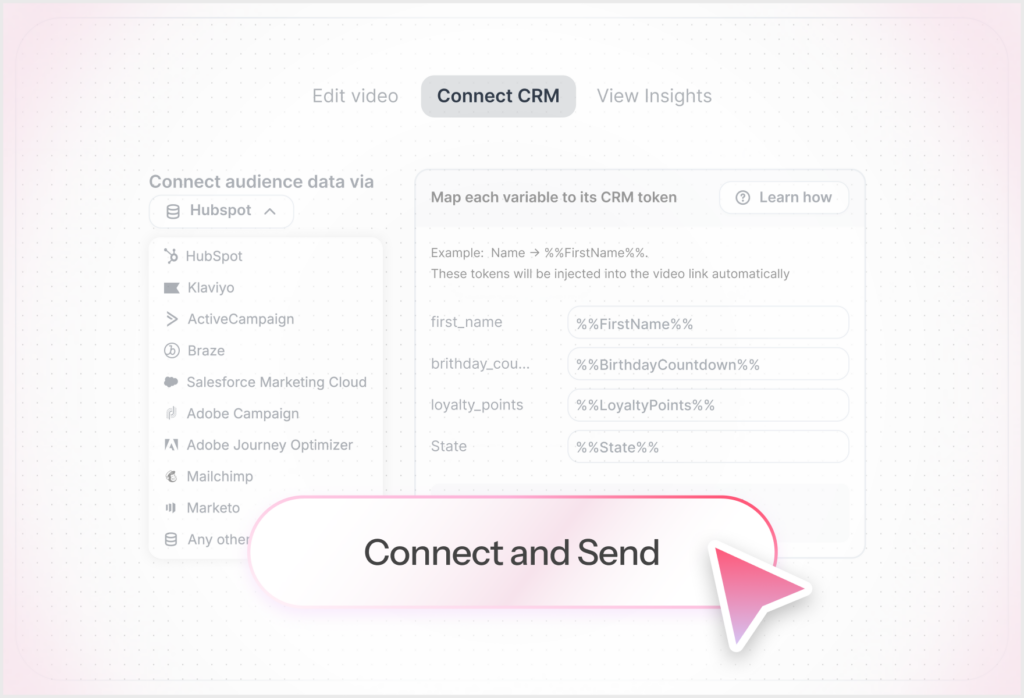Interface showing a data integration setup with a Connect and Send action.