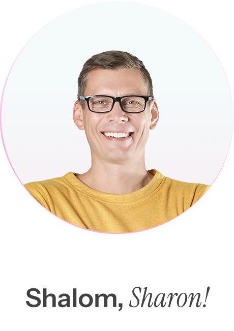 Live Asset frame showing a smiling man with glasses in a yellow shirt, with the Hebrew greeting Shalom, Sharon personalizing the video to the viewer.