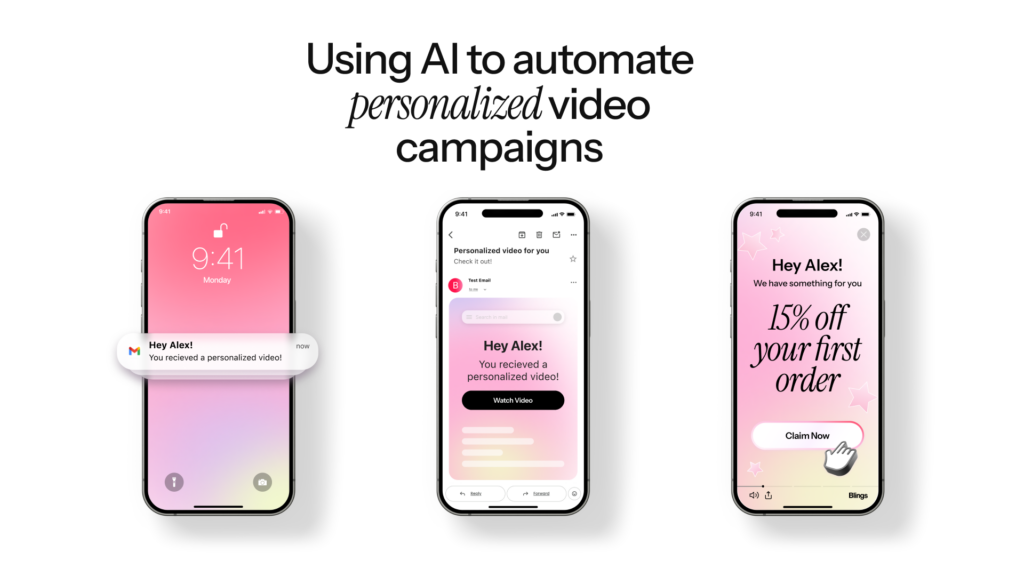 Blog graphic showing three smartphones displaying a Blings personalized video campaign, with the heading using AI to automate personalized video campaigns.