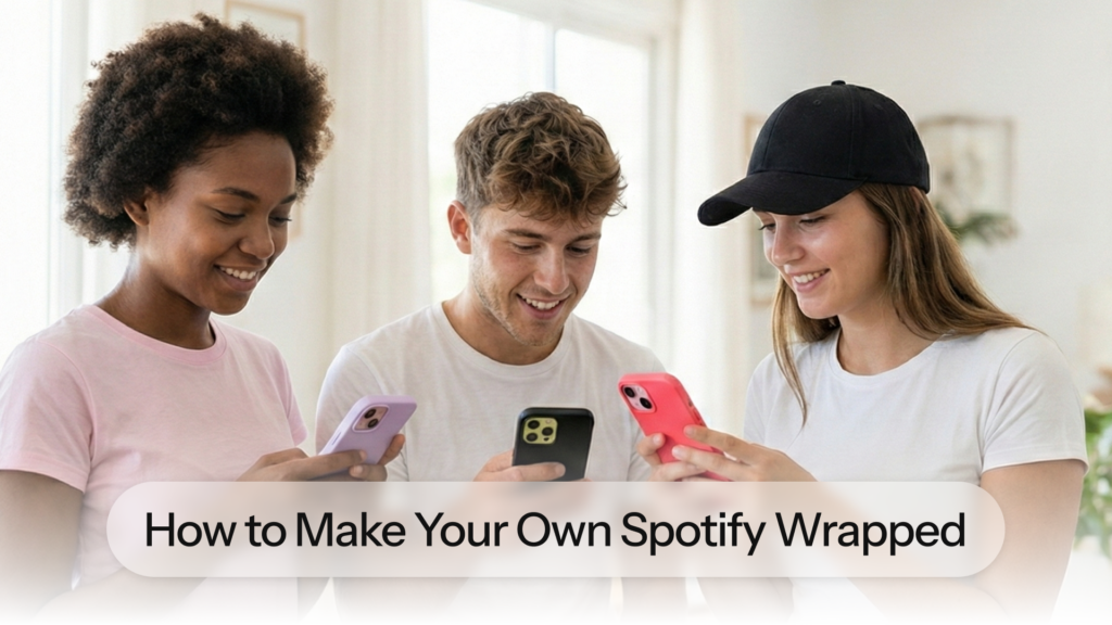 Group of friends taking a selfie with a caption about making your own Spotify Wrapped, shown as a personalized video example.