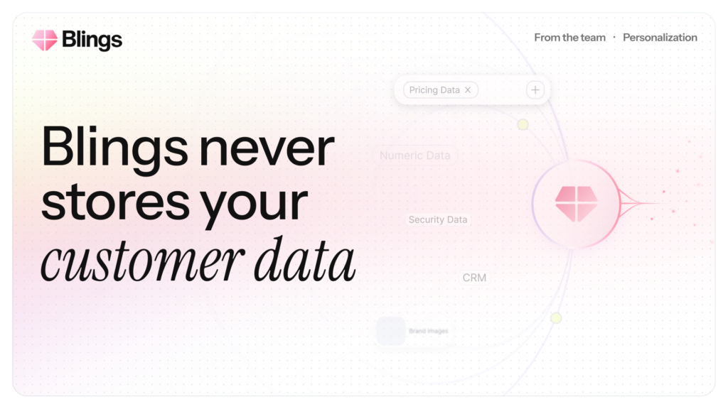 Blog graphic titled why Blings never stores customer data, with a sample data table.