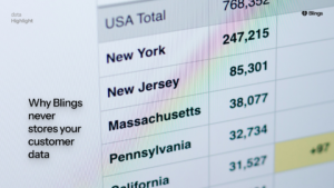Blog graphic titled why Blings never stores customer data, with a sample data table.