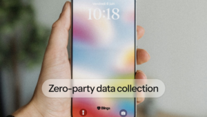 Blog graphic titled zero party data collection, with hands holding a smartphone.