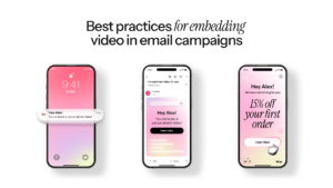 Blog graphic on best practices for embedding video in email campaigns, with three smartphones.