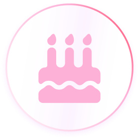 Pink birthday cake icon with lit candles inside a circle.