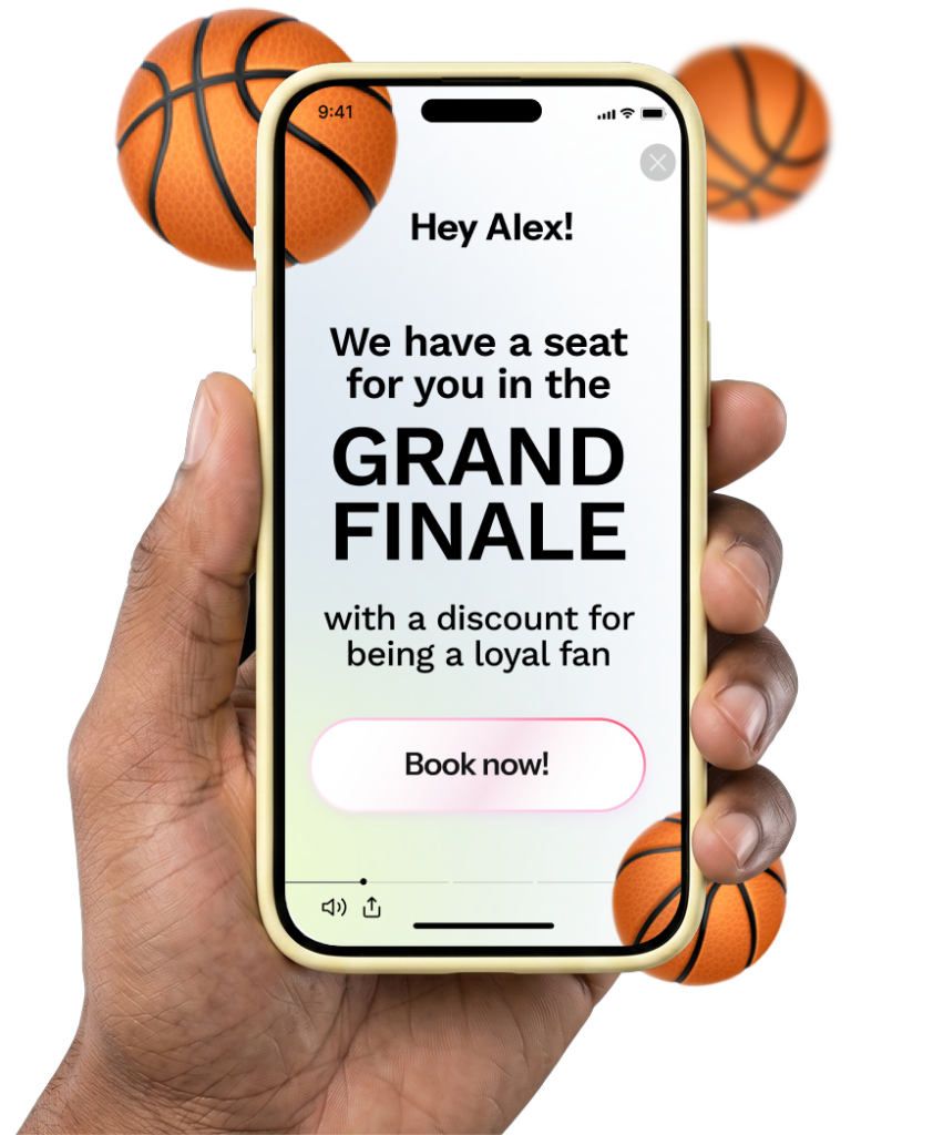 A hand holding a phone that plays a basketball-themed personalized video with the message Grand finale.