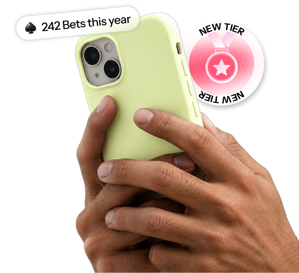 Gaming vertical graphic showing a hand holding a green phone with a loyalty rewards roulette animation.