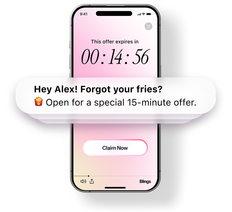 iPhone mockup displaying a personalized video frame with a 00 14 56 countdown timer and the message Hey Alex, forgot your fries, open for a special 15-minute offer, above a Claim Now button.