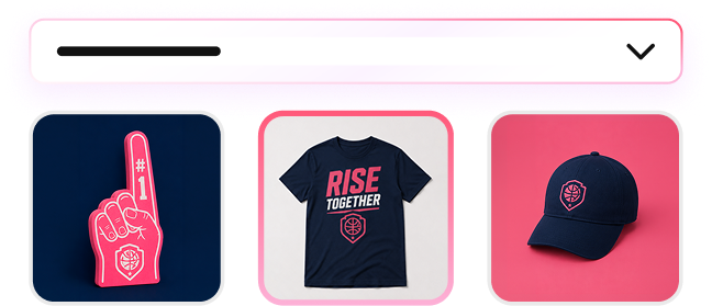 A product menu graphic showing t-shirts, a cap, and a drink bottle on light and dark backgrounds.