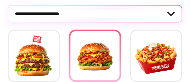 A food menu interface showing three items, with a burger selected in the center.