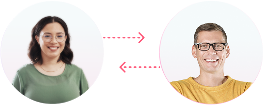 Two circular portraits of people connected by dashed arrows, illustrating a referral between friends.