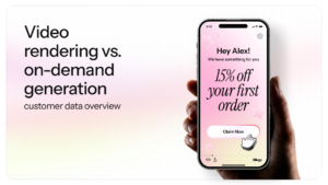 Blog graphic comparing video rendering with on demand generation, shown on a smartphone.