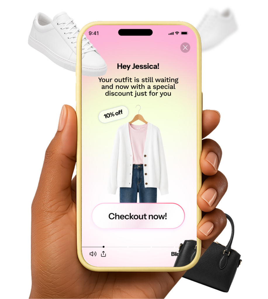 A hand holding a phone that plays a personalized product video, illustrating the performance marketers use case.
