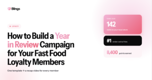 Blings blog cover with the headline How to build a year in review campaign for your fast food loyalty members, set on a pink gradient with product screens.
