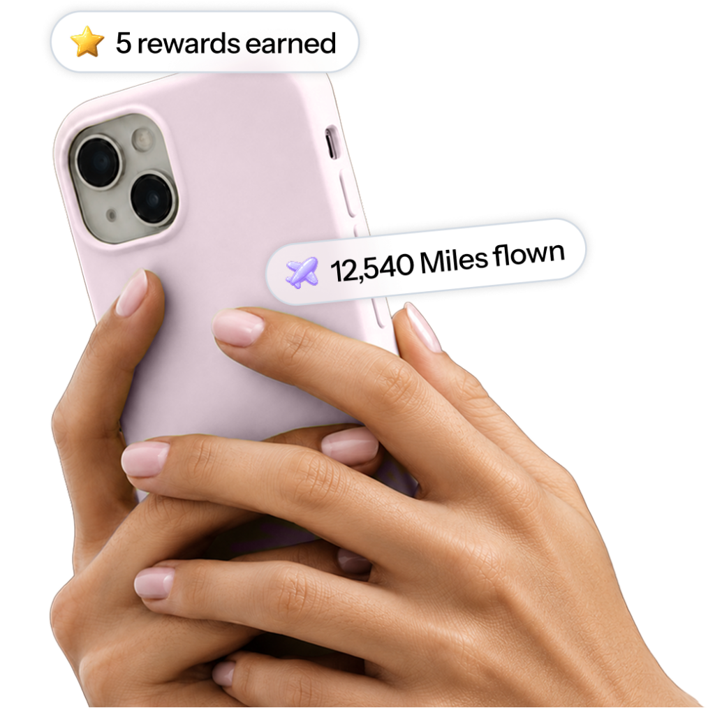 Travel vertical graphic showing a hand holding a phone, representing loyalty and CRM managers.
