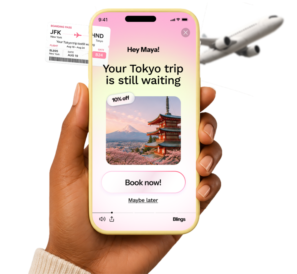 Travel vertical graphic showing a hand holding a phone with a travel video, representing performance marketers.