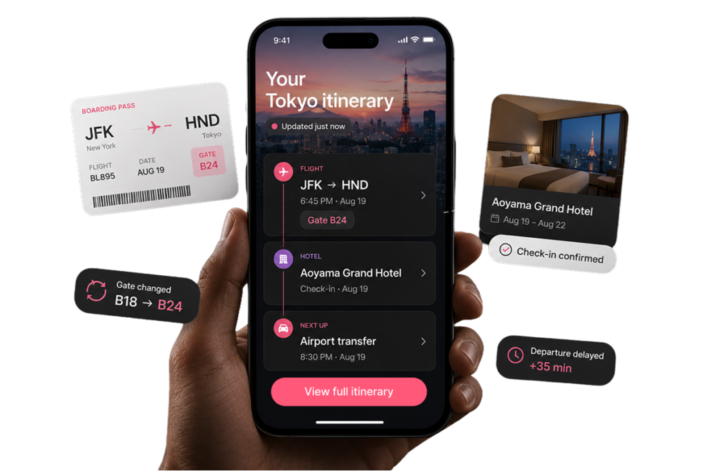 Travel vertical graphic showing a smartphone with real time itinerary cards.