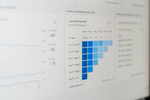A close view of an analytics dashboard showing a cohort retention grid in shades of blue beside summary metrics.