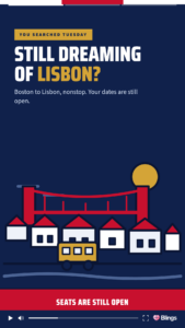 Personalized video frame for Air USA with the headline still dreaming of Lisbon and an illustrated bridge on a navy background.