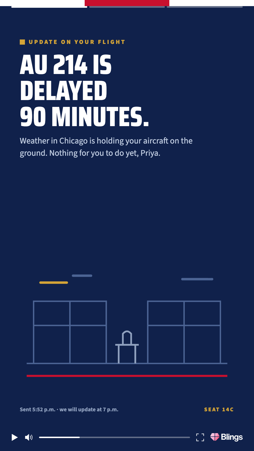 Personalized video frame for Air USA alerting that flight AU 214 is delayed 90 minutes, on a navy background.