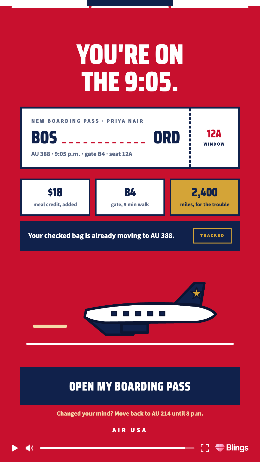 Personalized video frame for Air USA confirming a rebooking with the headline you're on the 9:05 and an illustrated plane on a red background.