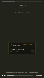 Personalized video frame for the Aurelian hotel loyalty program showing a membership card on a dark background.