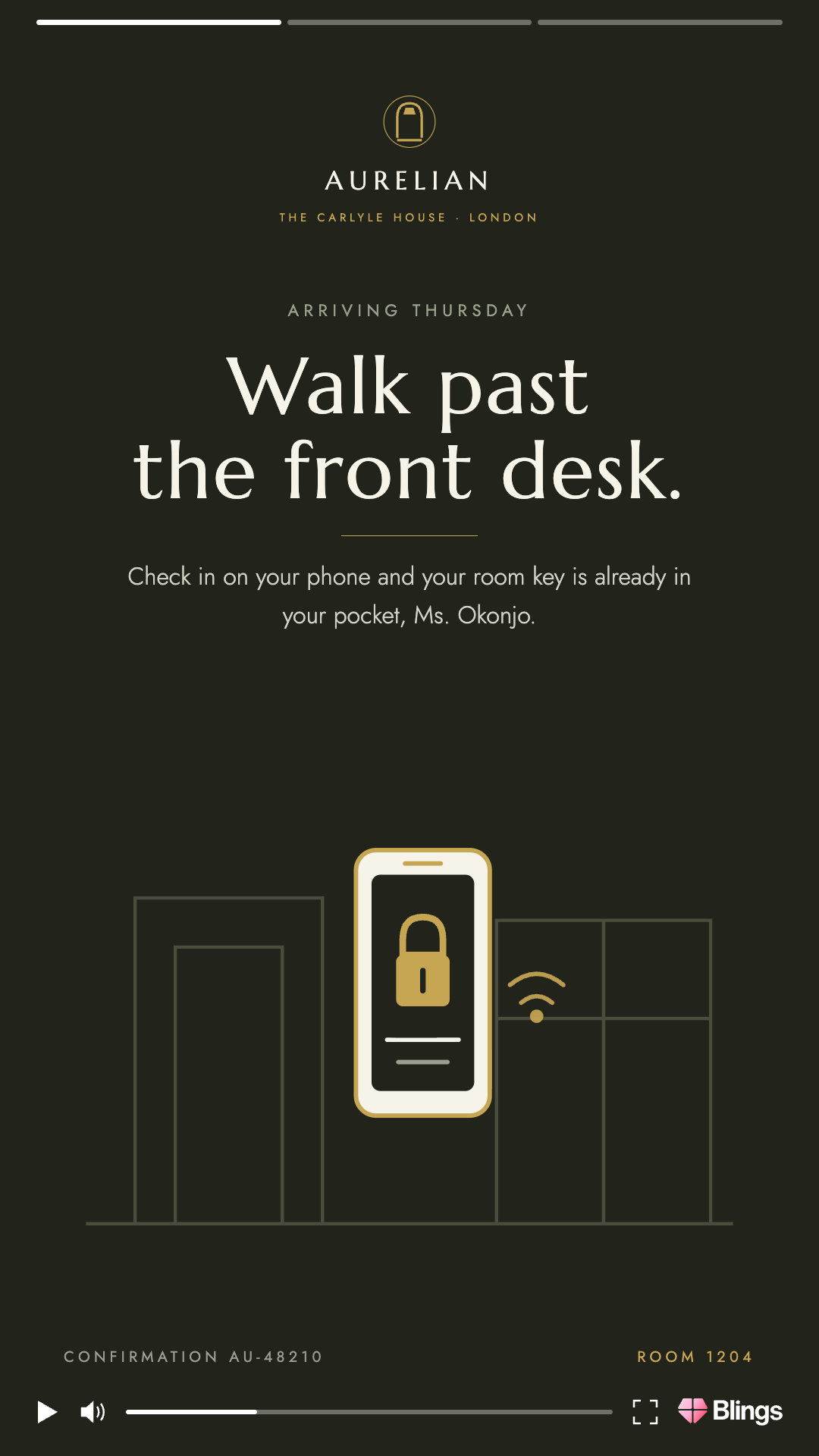 Aurelian hotel personalized video frame headlined Walk past the front desk, showing a phone with a glowing lock icon and the guest's room key already issued.