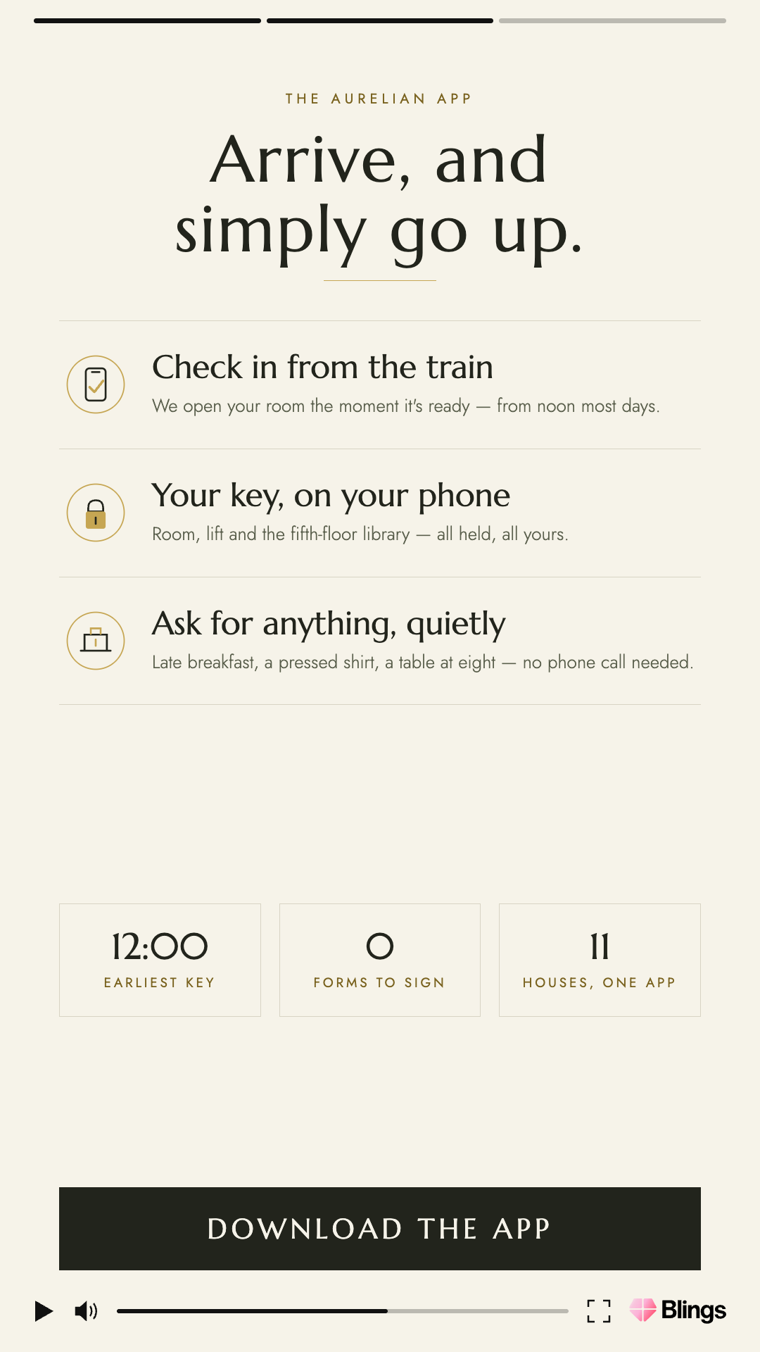 Aurelian hotel personalized video frame headlined Arrive, and simply go up, listing check-in from the train, the key on the phone, and quiet requests, with a download the app button.