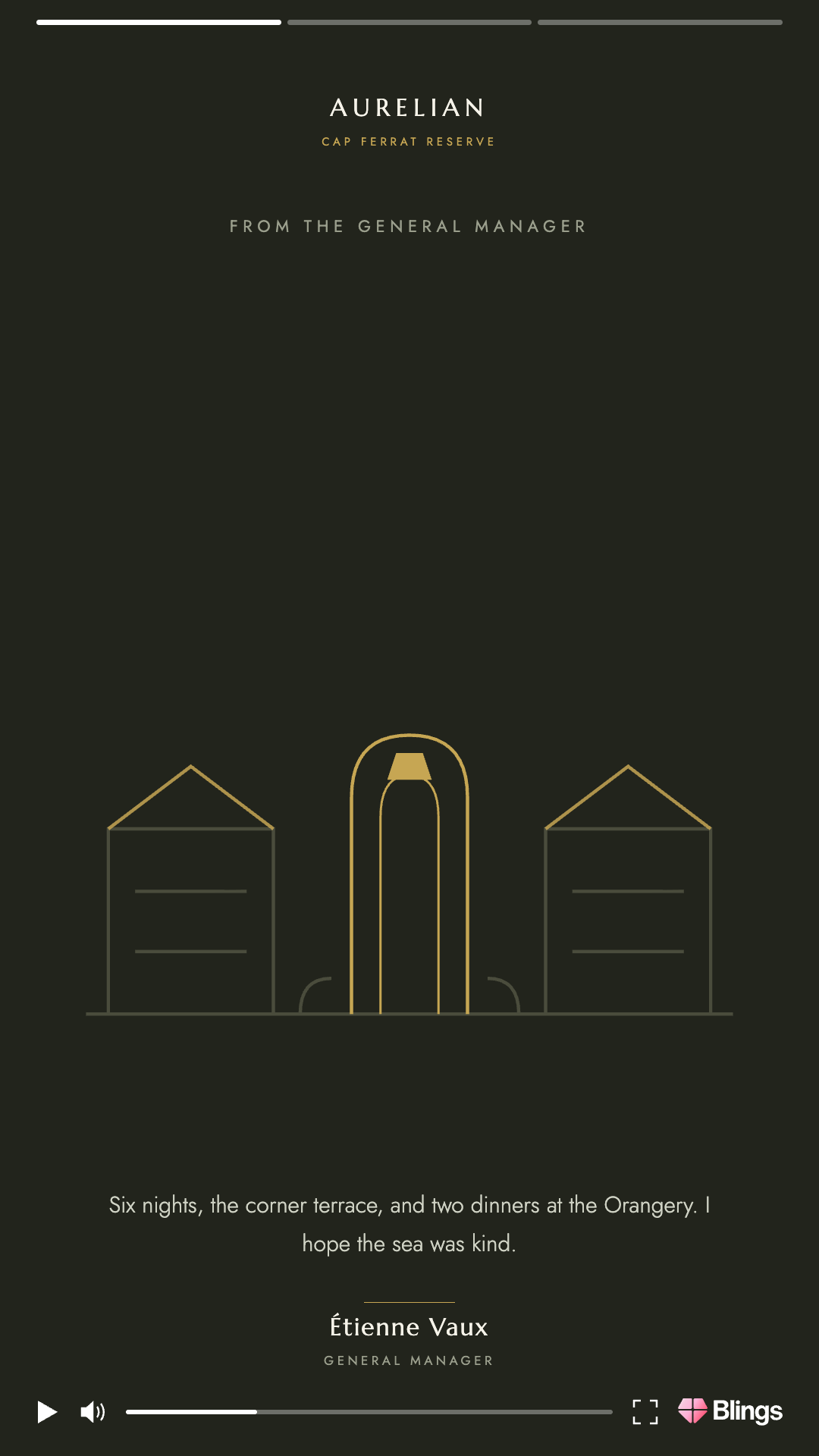 Personalized video frame for the Aurelian hotel thanking a guest for the week, with an illustrated arch on a dark background.