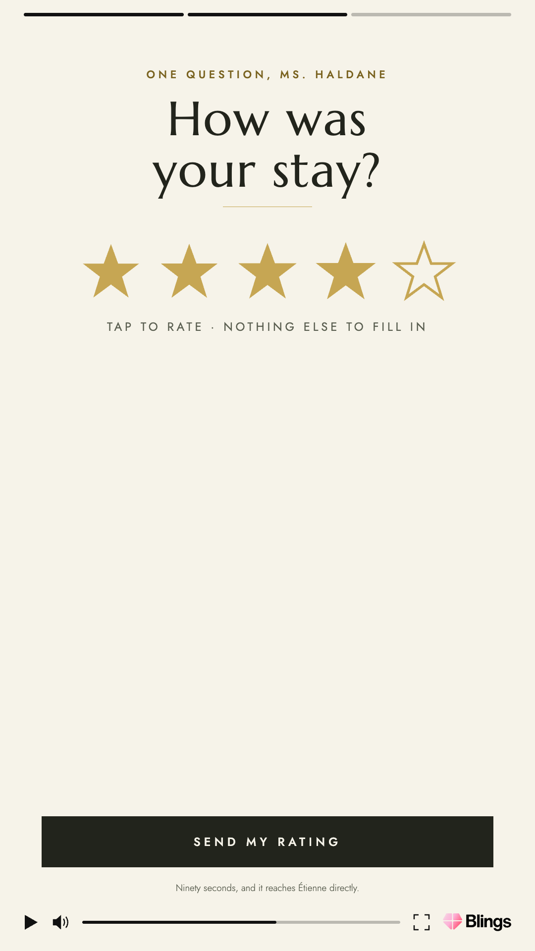 Personalized video frame for the Aurelian hotel asking how was your stay with a four star rating.